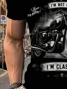 Men's Retro 3D Digital Motorcycle Short Sleeve Crew Neck T-Shirt With "I'M NOT OLD I'M CLASSIC" Slogan, Summer Fashion Top For Outdoor Activities - Black - View 4