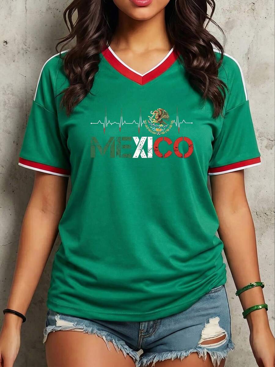 Jersey Aficionada "Latido por México" - Camiseta Verde con Escudo Patrio y Letras de Bandera para el Mundial - Verde - Ver 1