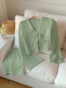 Conjunto de blusa con amarre al frente y shorts con estampado de anacardo para mujer, en estilo bohemio - Verde Oliva - Ver 3