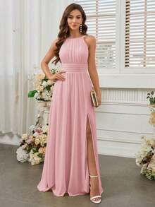 Belle Vestido de dama de honor con cuello de halter de unicolor, cintura imperio y abertura frontal alta.Elegante vestido color púrpura claro para boda. - Rosa - Ver 4