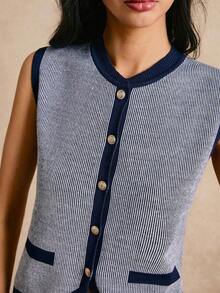 Nueva llegada Chaleco de punto de bloques de color y rayas, Elegante chaleco sin mangas para damas, Blusas para mujer, Blusas para salir en otoño/invierno - Azul - Ver 6