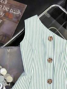 CURVE Una blusa de mujer de verano de gran tamaño, de estilo casual y con rayas tejidas - Verde - Ver 5
