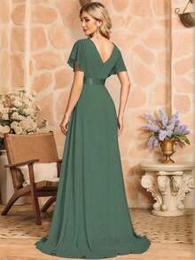 Vestido de dama de honor con cuello en V elegante, mangas con volantes y mariposa, color verde salvia, vestido de invitada de boda, vestido de primavera semi-formal para boda, fiesta de cumpleaños, graduación, Día de San Valentín - Verde Oliva - Ver 2