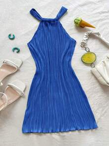 Vestido mini acanalado, de unicolor, ajustado, de cuello halter - azul real - Ver 1