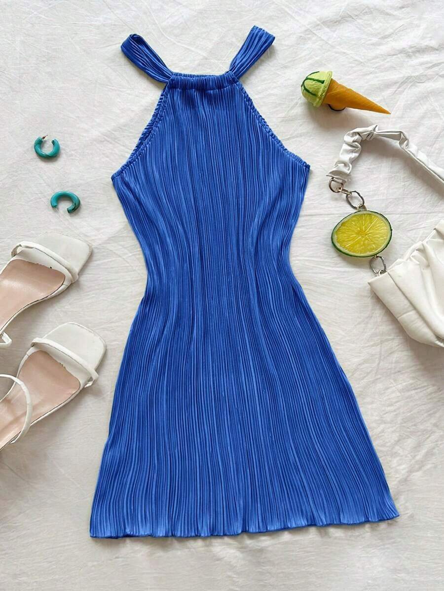 Vestido mini acanalado, de unicolor, ajustado, de cuello halter - azul real - Ver 1