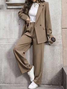 Conjunto de traje informal de mujer con solapa, manga larga y holgado - Café integral 3 - Ver 6