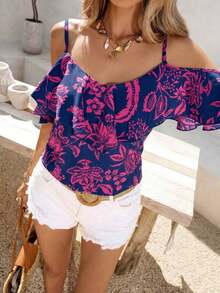 Blusa de mujer de gasa con hombros descubiertos, bajo con volantes y estampado, para primavera/verano y vacaciones - Morado - Ver 8