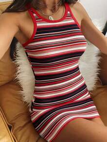 Vestido mini elegante de fiesta de mujer con cuello redondo y cintura ceñida de unicolor - Rojo - Ver 3