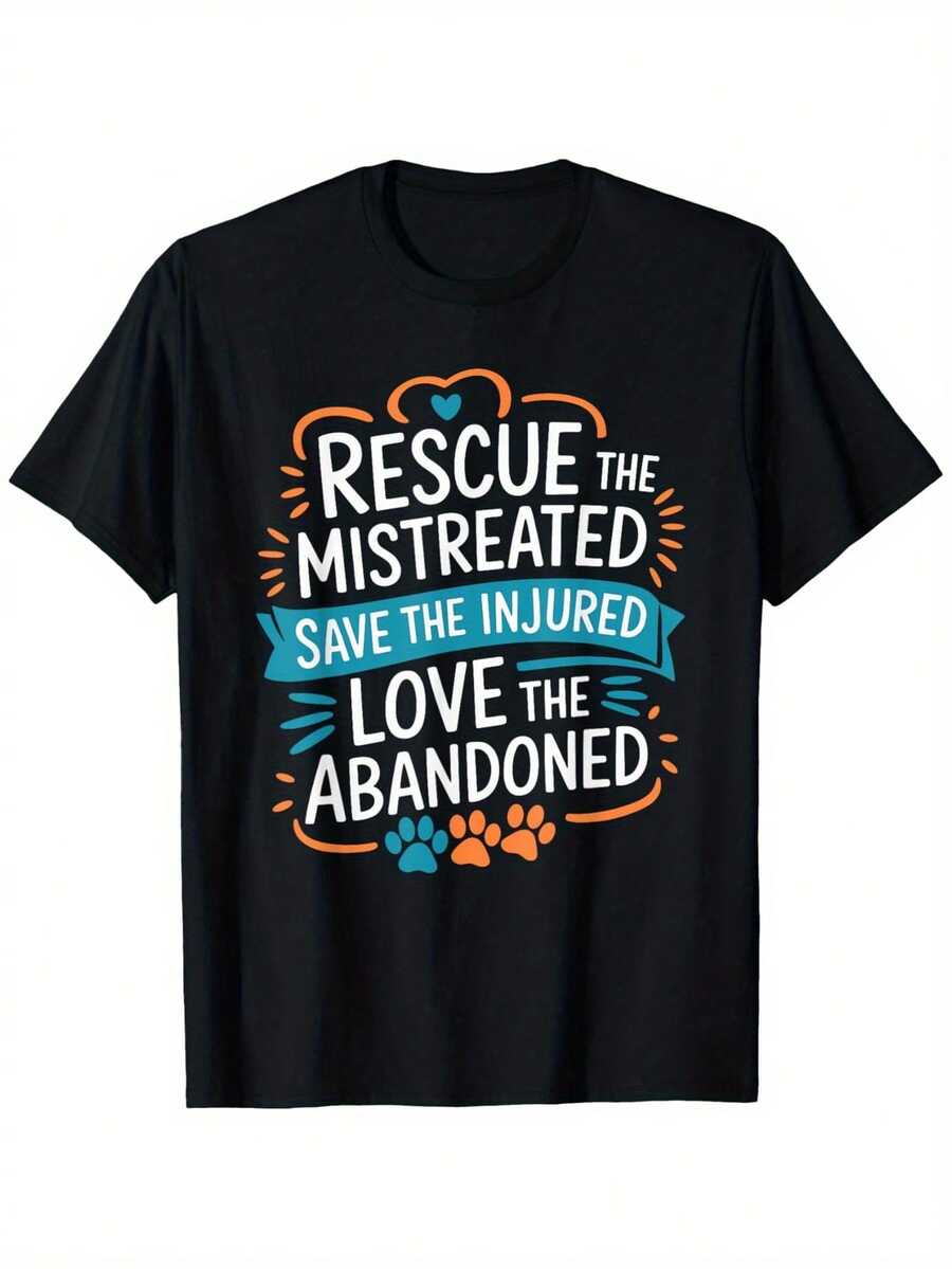 Rescue Abused Animals, Save Injured Dogs And Cats, Rescue Themed T-Shirt, Comfortable Fit For Men, Ultra Soft Short Sleeve Urban Style T-Shirt - 黑色 - 查看 1