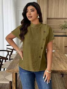Weeklong Camisa suelta con botones y bordado de ojetes asimétrico, atuendo casual para diario/vacaciones, ropa de oficina - Verde militar - Ver 6