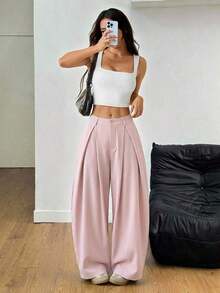 Pantalones anchos de verano con dobladillo curvo verde, estilo vintage, casual y para salir - Rosa - Ver 7