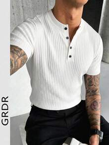 Men's Summer Henley Neck Solid Ribbed Short Sleeve Knit Sweater, Suitable For Summer Outings, Essential For Fashionable Styling - White - View 8