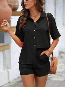 Conjunto De 2 Piezas Suelto Casual De Color Sólido Para Mujeres - Negro - Ver 7