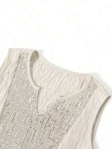 Blusa sin mangas con cuello redondo y cuentas para mujer de talla grande, con un toque elegante y juvenil, adecuada para el verano - Albaricoque - Ver 7
