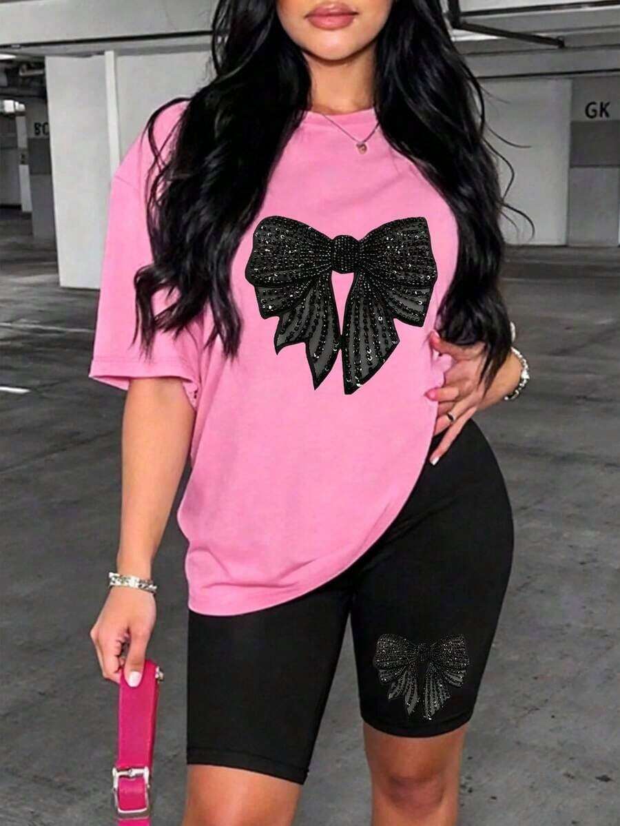Set de 2 piezas de top y shorts casuales con lentejuelas y lazo para mujer - Multicolor 2 - Ver 1