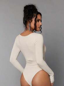 Body De Manga Larga Con Cuello Cuadrado Para Mujer - Beis - Ver 2