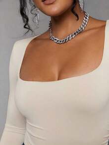 Body De Manga Larga Con Cuello Cuadrado Para Mujer - Beis - Ver 5