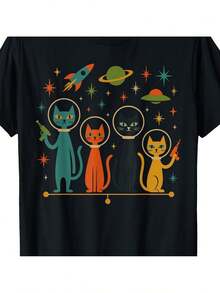 Vintage T-Shirt With Space Cat Prints From The 50s And 60s. - Black - View 6
