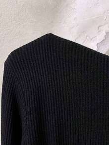 Vestido de punto de bloques de color con cuello en V, elegante y casual, con correa tejida, negro - Negro 2 - Ver 3