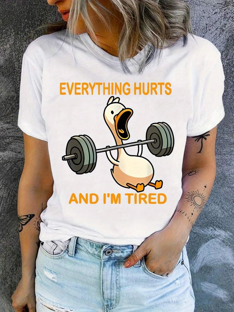 Una camiseta gráfica de un patito cansado y sobrecargado, ideal para regalar a aquellos que se esfuerzan demasiado en el gimnasio - [Blanco] - Ver 1