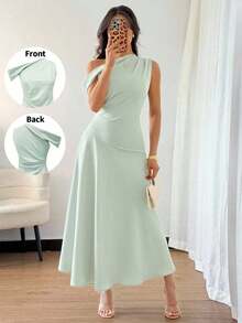 Vestido de cóctel elegante de estilo francés bohemio y chic con detalles de volantes, cuello asimétrico y silueta de línea A en color verde macaron, ideal para vacaciones, días festivos, graduación, citas - Verde - Ver 12