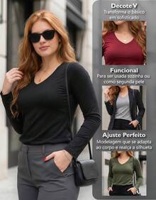 Set Of 2 Long Sleeve T-Shirts, Base Layer Blouses, V-Neck, Slim Fit, Workwear, Winter, Basic, Plain - White - View 2