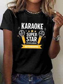 Camiseta con estampado Karaoke Superstar Signature, top casual de manga corta y cuello redondo, ropa de mujer para primavera y verano. Top de manga corta cómodo y versátil. - Negro - Ver 1