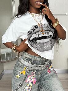 Women's Graphic Tee, Vintage Y2K Style, Casual Hip-Hop Style, Going Out, Oversized, Lip Print, For Everyday Urban Autumn Wear. - 白色 3 - 查看 5