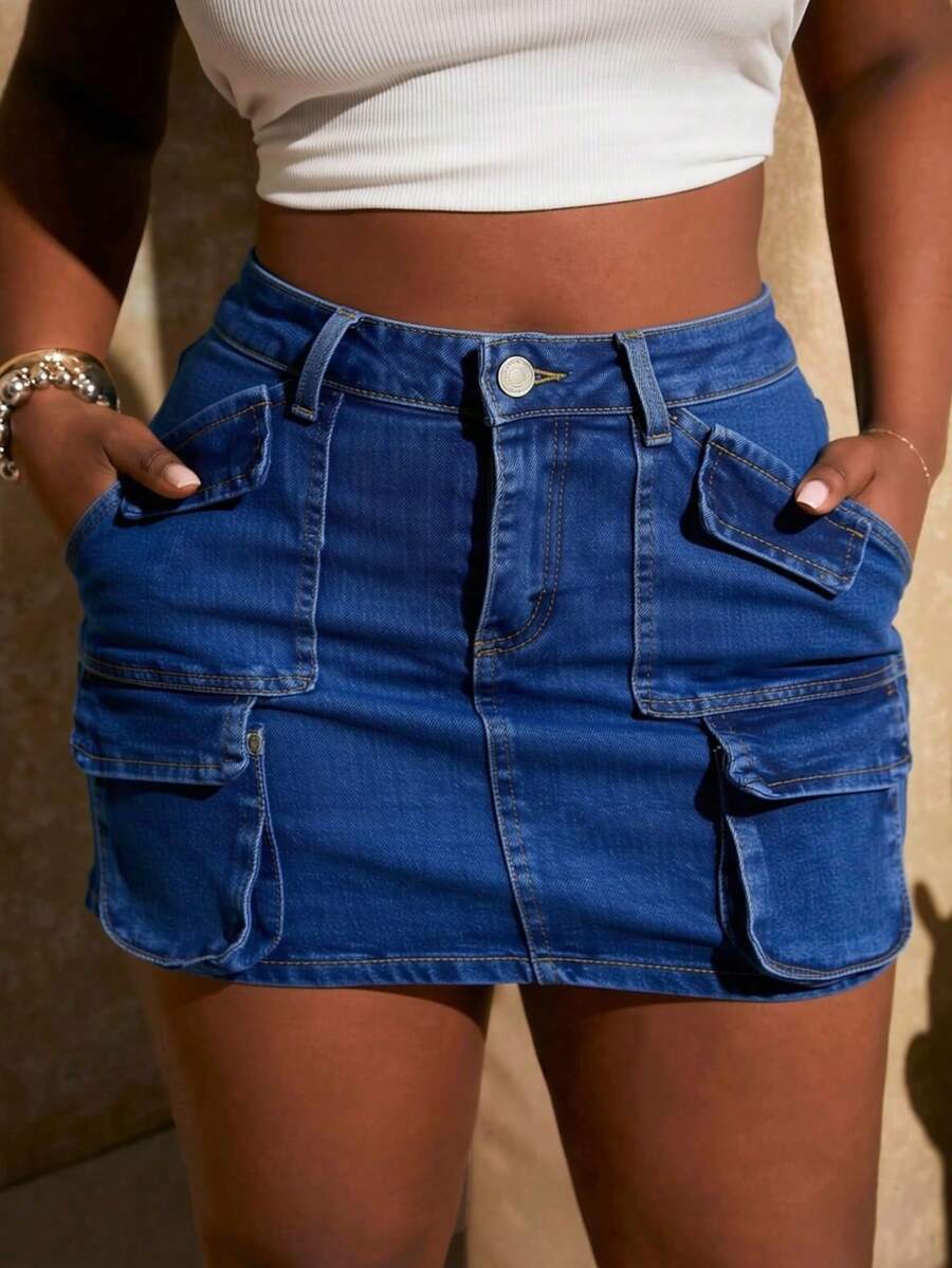Fitted Cargo Skirt In Washed Blue Denim, Medium Stretch - Zhonglan - View 1