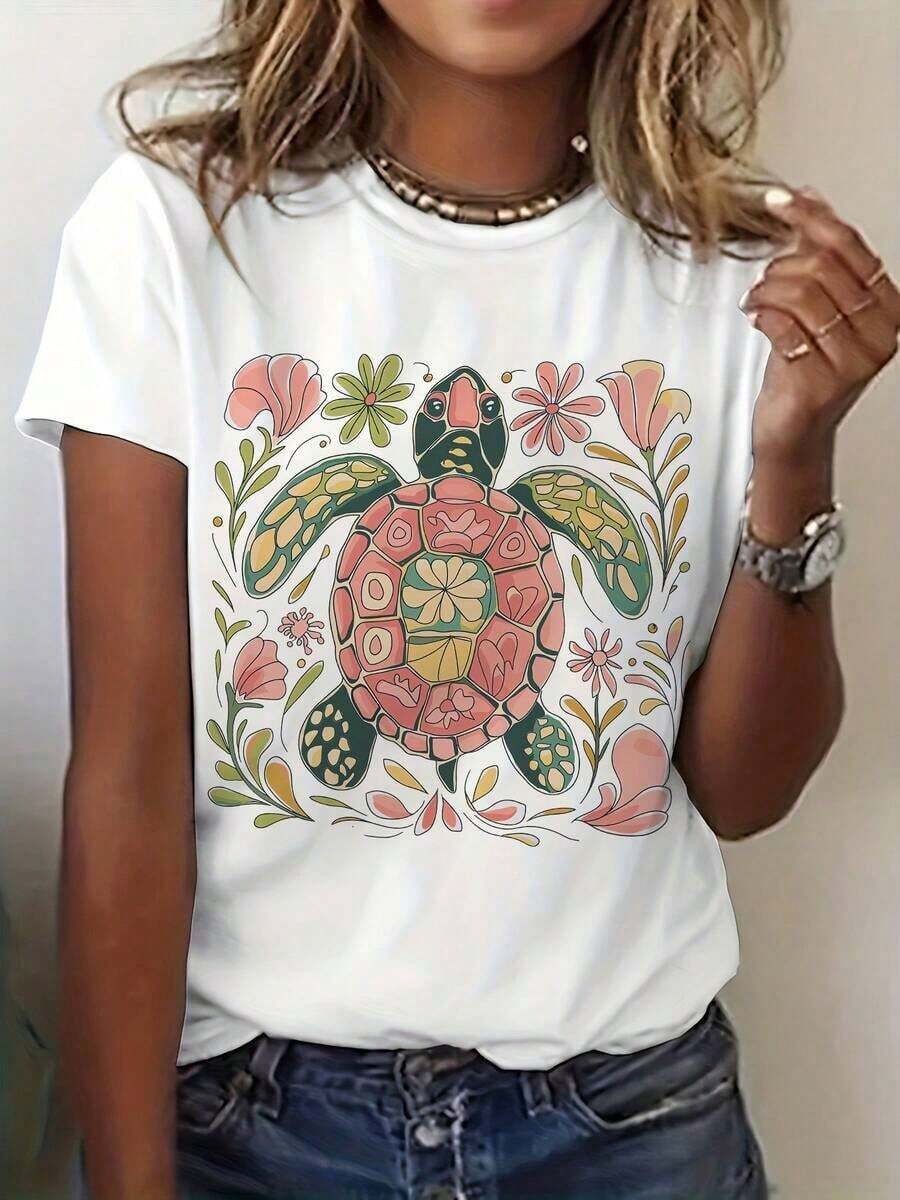 Camiseta gráfica de manga corta, informal, con cuello redondo y un vibrante estampado floral de tortugas, ideal para primavera y verano, en estilo bohemio vintage. - Blanco - Ver 1