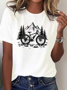 Smooth Mountain Biking, Chasing Freedom. Women's Short-Sleeved T-Shirt With Mountain Bike Print, Crew Neck, For Spring/Summer. New Women's Summer T-Shirt, Casual And Comfortable Crew Neck Top. - 白色 - 查看 1