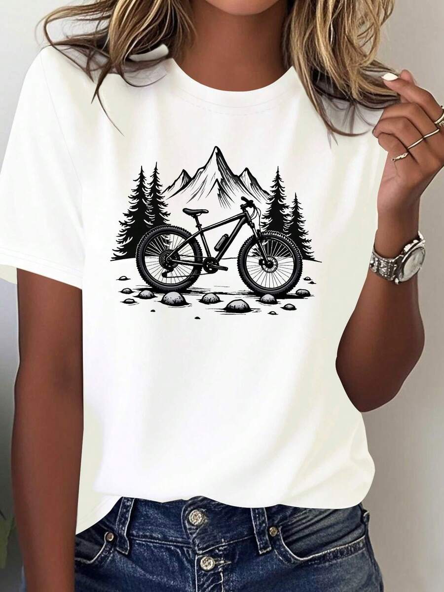 Smooth Mountain Biking, Chasing Freedom. Women's Short-Sleeved T-Shirt With Mountain Bike Print, Crew Neck, For Spring/Summer. New Women's Summer T-Shirt, Casual And Comfortable Crew Neck Top. - 白色 - 查看 1