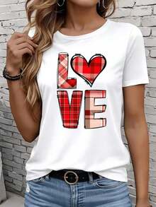 Camiseta de manga corta GraphicLadies para mujer, informal, para ocio, actividades al aire libre y el hogar, 220g, con estampado de corazón a cuadros, blanca, de moda, para el Día de San Valentín, regalo para fiestas y vacaciones. - Blanco - Ver 1