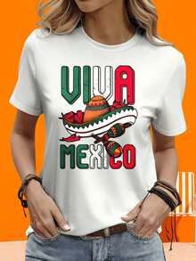 GraphicLadies Short-Sleeved T-Shirt For Outdoor And At-Home Leisure, 220g, Featuring A Sombrero And Maracas Design With "Viva México" For Women. Celebrate Mexican Culture And Festivals In Style. A Great Gift T-Shirt For Parties And Outdoor Vacations. - 白色 - 查看 4
