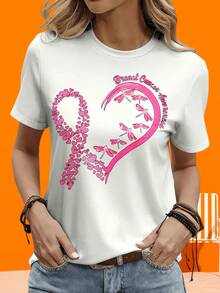 Women's Casual Short-Sleeved T-Shirt, Suitable For Outdoor And Indoor Activities, 220g, Featuring A Pink Ribbon Breast Cancer Awareness Design With A Dragonfly And Hearts. This Casual T-Shirt Is Ideal For Breast Cancer Awareness And Support Campaigns, Leisure, Outdoor Activities, Vacations, And As A Party Gift. - 白色 - 查看 5