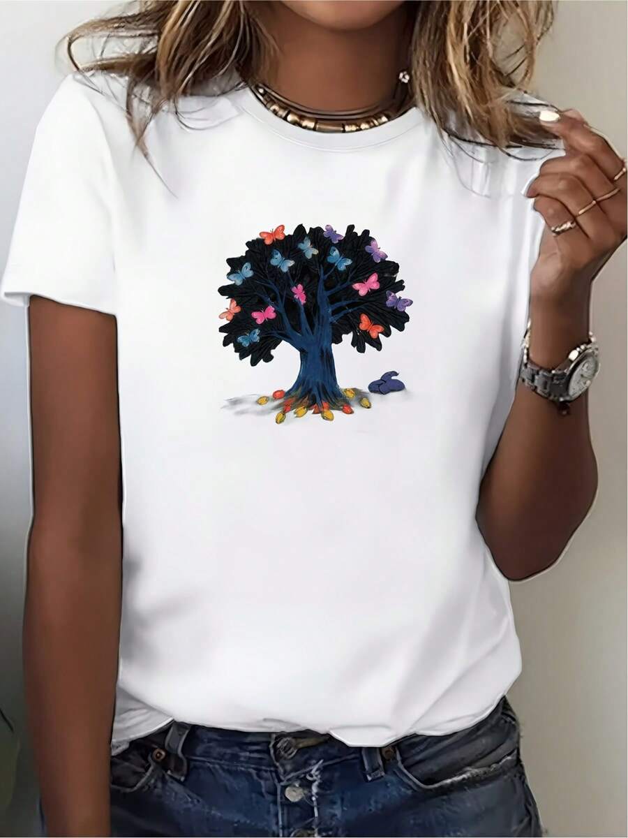 Camiseta de Mujer 180G, Diseño Casual de Árbol y Mariposa para el Día de la Independencia, Camiseta Divertida y a la Moda, Idea de Regalo Familiar - Blanco - Ver 1