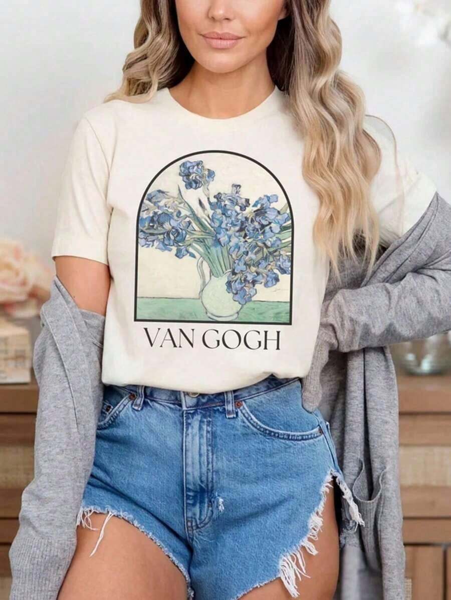 Camiseta de Irises de Van Gogh, Camiseta con Pintura Renacentista, Camiseta con Arte Floral de Van Gogh, Camiseta de Arte de Van Gogh, Regalo para Ella, Camiseta Cottagecore, 100% Algodón - Blanco - Ver 1