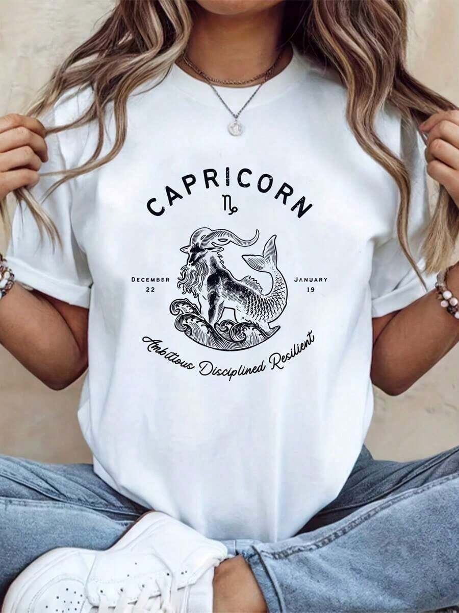 Women's Graphic Tees, Zodiac Sign Print T-Shirt, Casual, Loose Fit, Short Sleeve, Breathable, Perfect For Everyday Wear, 220g Cotton Summer T-Shirts. - 白色 - 查看 1