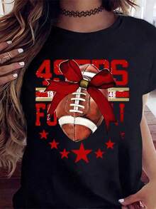 Camiseta Casual para Mujer, Blanca con Estampado del Equipo de Fútbol Americano 49ers, Lazo Rojo y Estrellas, para el Día del Partido y Uso Diario, 220g, 100% Algodón, Resistente - Negro - Ver 7