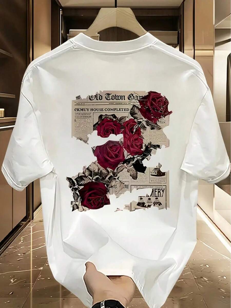 Camiseta con Estampado de Rosas Vintage, Ropa Unisex para el Día de San Valentín, Ropa para Enamorados, Camiseta de Manga Corta con Cuello Redondo, Estilo Americano de Alta Costura, de Algodón Puro, con un Diseño Único, que Exala un Sentido de Moda Casual de Alta Gama, Perfecta para Parejas. - Blanco - Ver 1