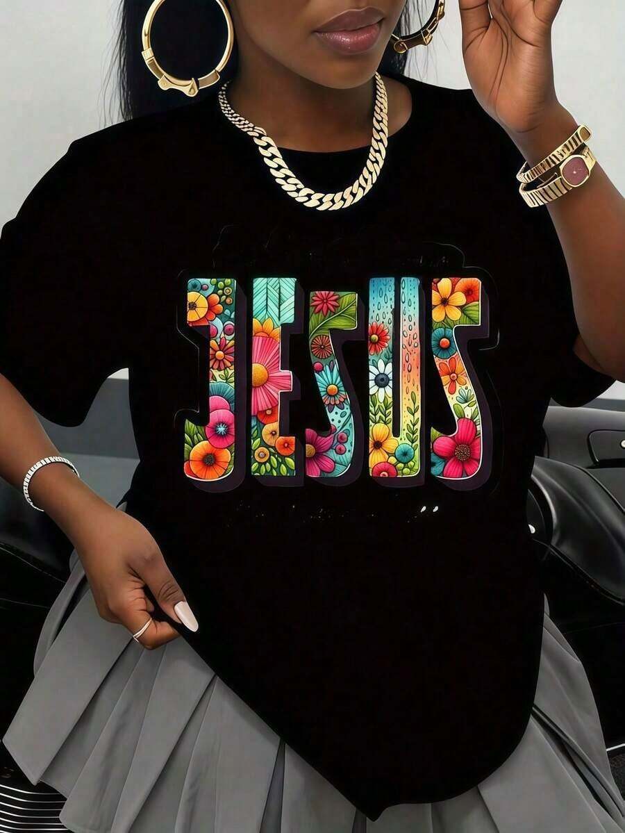Camiseta genial informal Camiseta Negra Con Tipografía Floral De Jesús, Verso Biblíaco Diseño De Fe Cristianara La Iglesia, Adoración Y Uso Diario Redondo Cuello Impreso Corto Manga Informal Todos los días Camiseta Ellos Son Excelente Regalos Para Amigos Y Familia, 100% Algodón Camisetas Característica A Joven Y A la moda Diseño de Moda - Negro - Ver 1