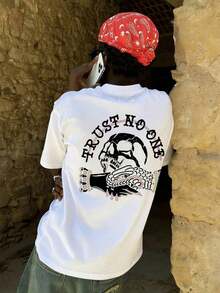 2026 New Men's Casual Street Style Skull Print Crew Neck Short Sleeve T-Shirt, Summer Style - White - View 3
