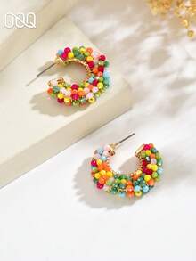 一对手工波西米亚风仿水晶和串珠耳钉，小巧几何圆形耳环，时尚首饰，情人节、母亲节、婚礼礼物，适合女性日常、度假、派对佩戴（手工串珠的颜色、数量和位置随机） - 彩色 - 查看 4