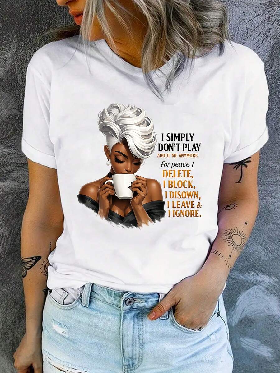 Women's Premium Printed Summer T-Shirt - Loose Fit, Round Neck - Quick Dry, Breathable, Sizes S-2XL, Short Sleeve, Regular Shoulder, Regular Fit, Spring/Summer Fashion, Sexy Casual Top For Mixing And Matching (Machine Washable) - Women's Black Printed T-Shirt - 白色 - 查看 1