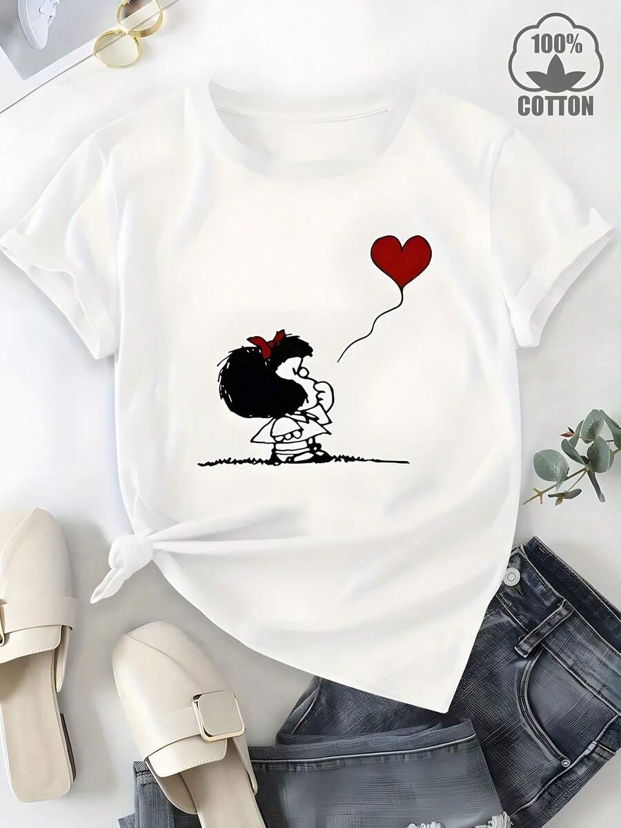 Lightweight And Loose Fit - Relaxed Fit - Cartoon Print T-Shirt | Cute White T-Shirt, Paired With Black Curly Hair And A Red Bow. | The Fun Design Features A Character Holding A Heart-Shaped Balloon. | Stylish Bow Detail On The Front. | Soft And Comfortable Fabric, Suitable For Everyday Wear. | Perfect For Casual Occasions. - 白色 - 查看 1