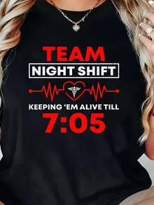 Camiseta Ligera Unisex con Estampado de Turno Nocturno - Presenta un diseño de ECG en forma de corazón y símbolos, suave y transpirable, cuello redondo, mangas cortas, ligera y adecuada para todas las estaciones, ropa de trabajo informal ideal para enfermeras, personal de emergencia y trabajadores sanitarios - Lavable a máquina, corte regular, estampado rojo, atuendo casual diario. - Negro - Ver 6