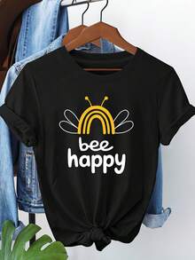 Camiseta de mujer de talla grande con estampado "bee happy", de manga corta y cuello redondo, estilo casual, ropa de primavera y verano para mujer. - Negro - Ver 1