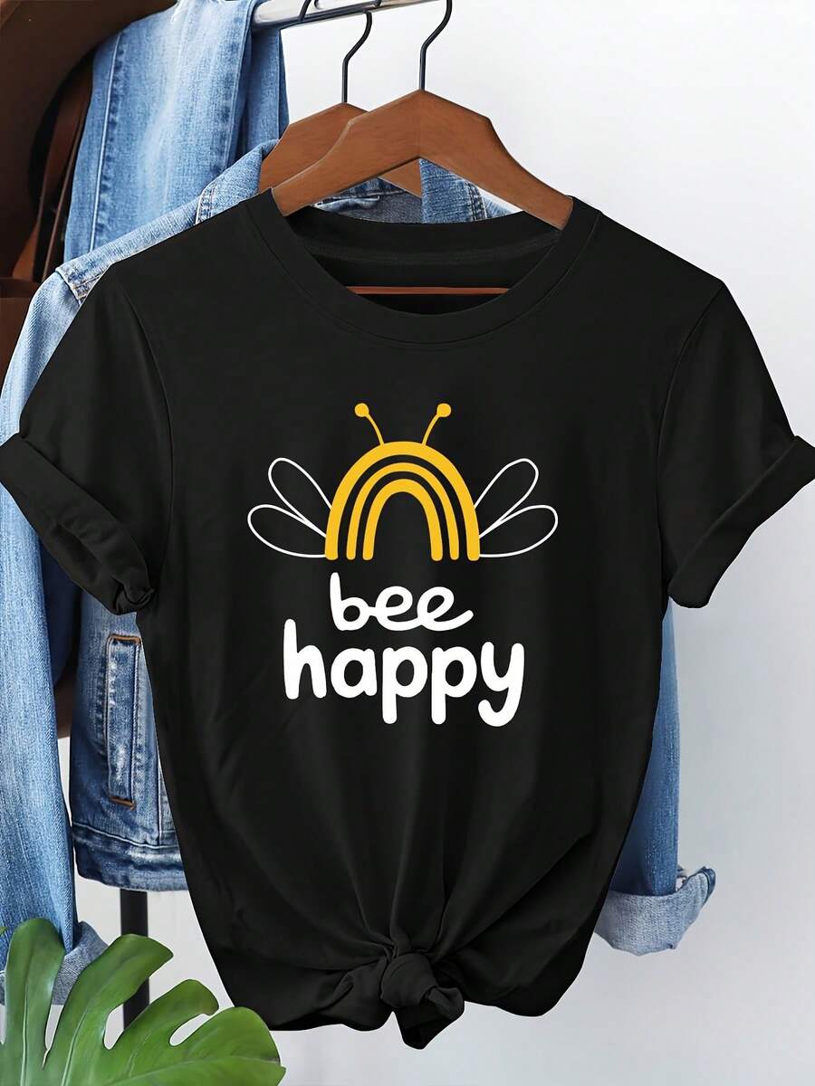 Camiseta de mujer de talla grande con estampado "bee happy", de manga corta y cuello redondo, estilo casual, ropa de primavera y verano para mujer. - Negro - Ver 1