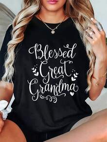 1 camiseta blanca de mujer con estampado de la abuela "Lucky" |   Elegantes letras escritas a mano, con motivos de corazón y hojas, suave top casual de manga corta, adecuado para reuniones familiares, un regalo para la abuela, ropa casual - apta para todas las estaciones, 180g 100% algodón. - Negro - Ver 6