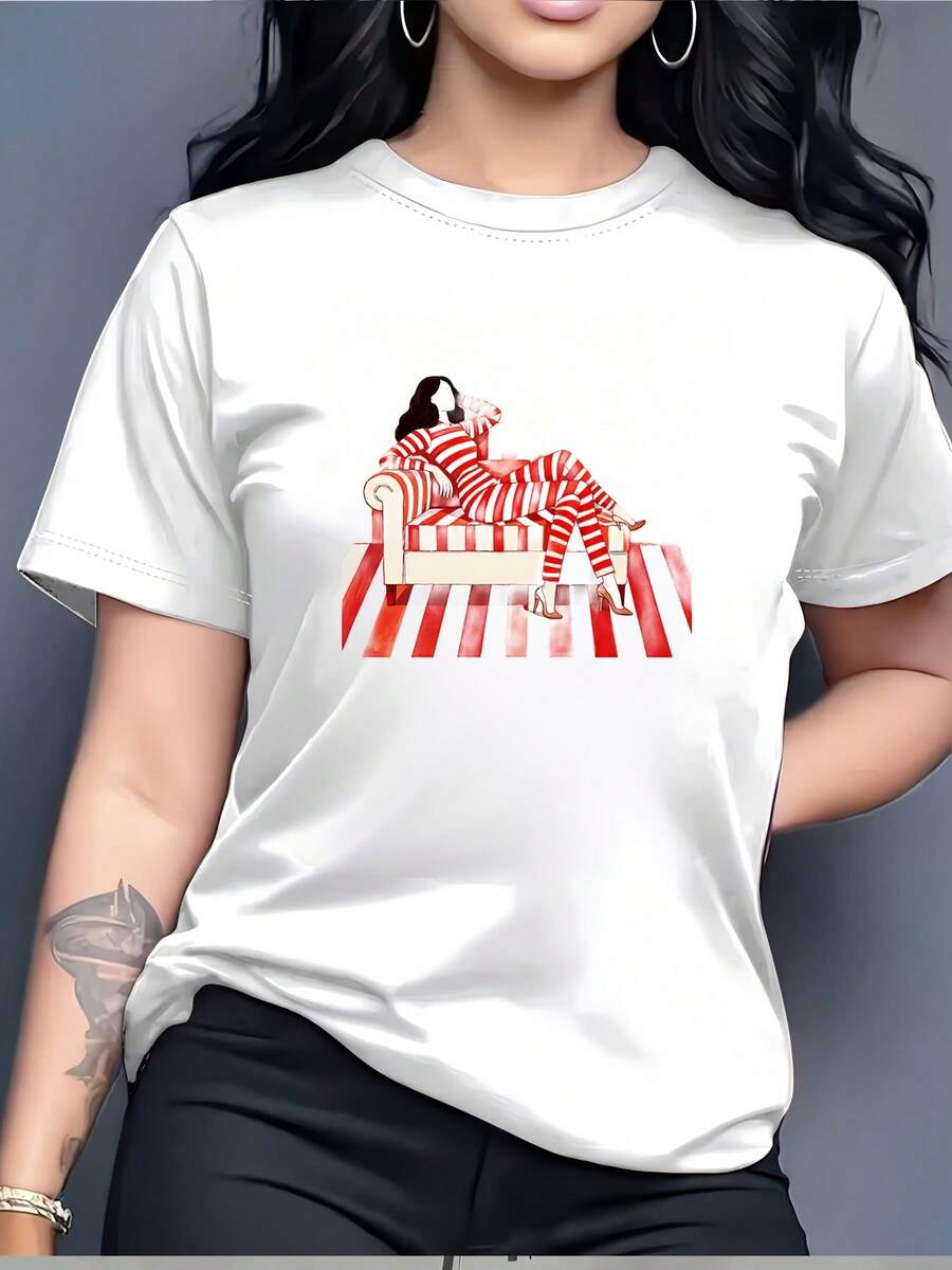 Camiseta 100% algodón, cómoda y casual, con diseño de rayas en G - Un regalo perfecto para familiares y amigos, ideal para las vacaciones de primavera y salidas de fin de semana. Camiseta de mujer de color sólido simple, corte holgado y ajustado, manga corta casual. - Blanco - Ver 1